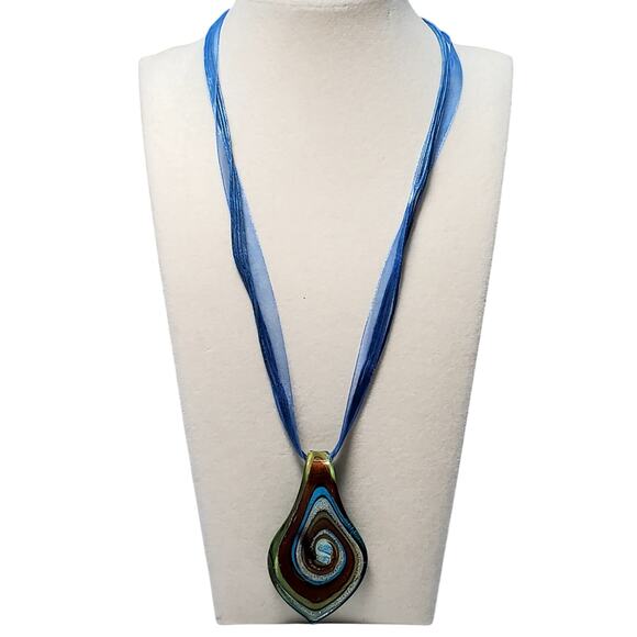 Multi Color Swirl Glass Pendant Blue Lace Necklace 18" Statement - Picture 1 of 5